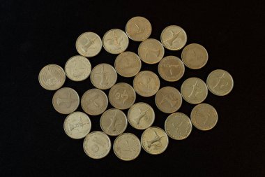 Siyah Arkaplanda Dairesel Şekilde Düzenlenmiş Ceylan Paraları Koleksiyonu, Dağılmış Siyah Arkaplanda BAE Bir Dirham Parası.