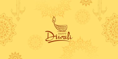 Dekoratif mandala ve sarı arkaplandaki tipografi ile mutlu diwali festivalleri