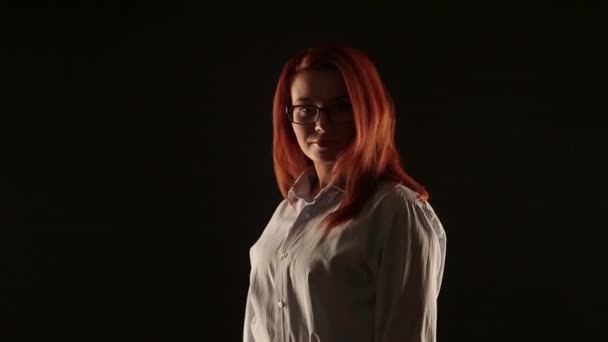 Beautiful Girl Red Hair White Shirt Posing Black Background Front — Stock Video