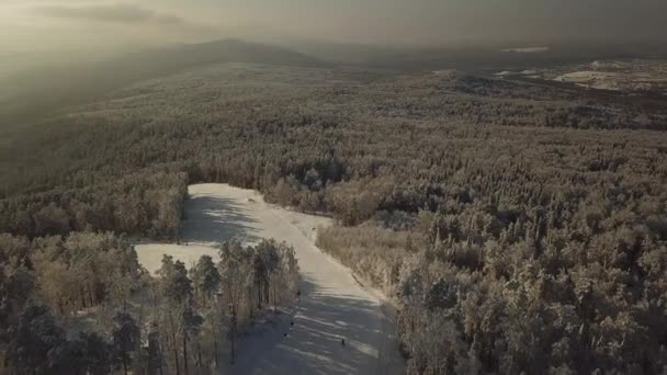 Top View Russian Chelyabinsk Forest Trees Fields Ski Resort Descent — Stock Video