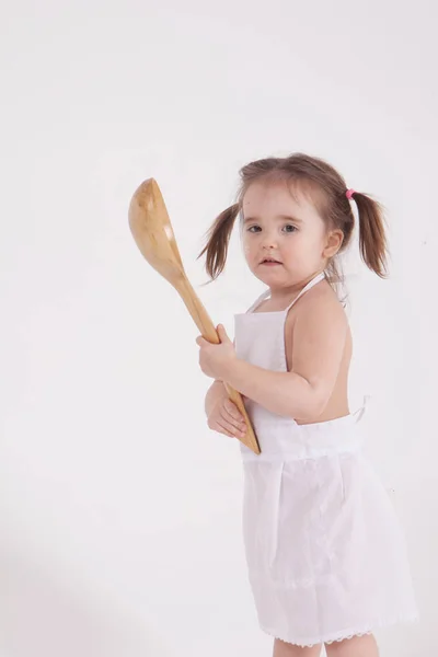 Little Girl Ladle Her Hand Isolated Photo White Background — Stock Photo, Image