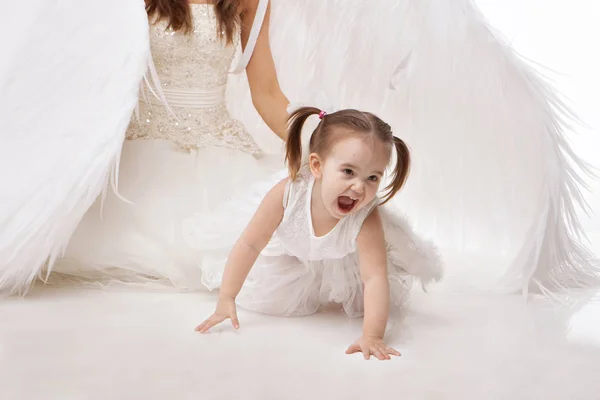 Woman Girl White Dresses Angel Wings His Back Big Small — Stock Photo, Image