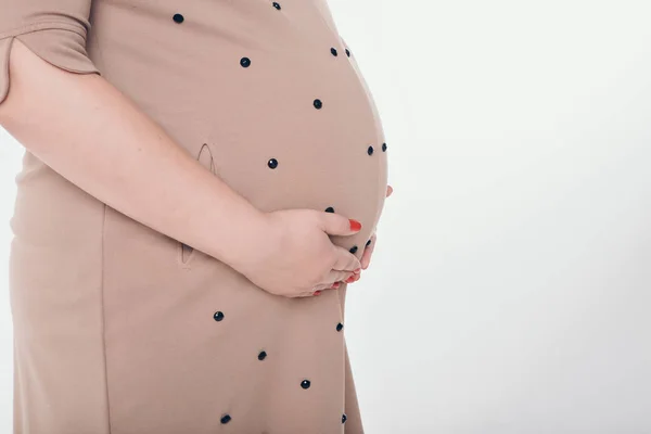 Pregnant Woman Holding Hands Belly White Background — Stock Photo, Image
