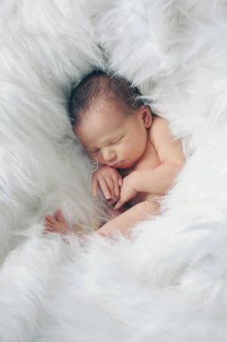 Beyaz arka planda yeni doğmuş bir bebeğin portresi.