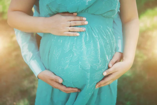 Kobieta Ciąży Niebieskiej Sukience Tle Kwiatów — Zdjęcie stockowe