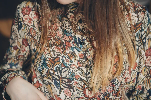 collar clothes with pattern dressed on girl close up