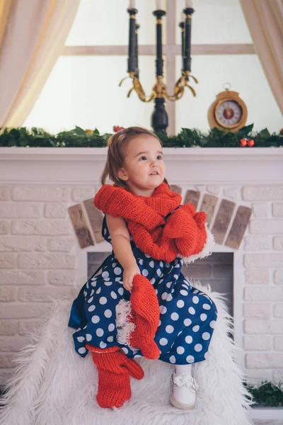 Child Blue Dress Polka Dots Red Hat Mittens Background Christmas — Stock Photo, Image