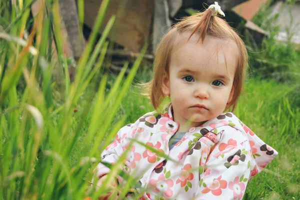 Portrait Little Girl Green Grass — Stock Photo, Image