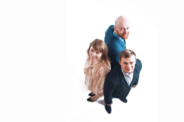 top view: three people back to back. Men and women in business suits