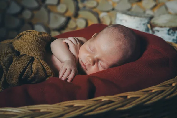 Pasgeboren baby gewikkeld in een deken slapen in een mandje — Stockfoto