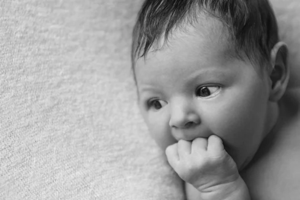 Πορτρέτο ενός νεογέννητου μωρού με ένα στυλό στο πρόσωπο — Φωτογραφία Αρχείου