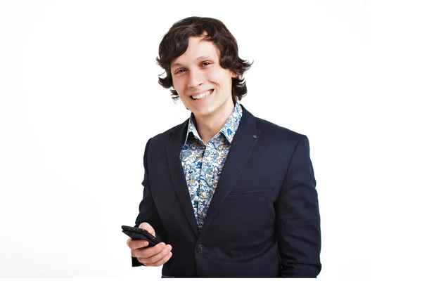 Uśmiechnięty człowiek biznesu rozmowy na telefon komórkowy, na białym tle — Zdjęcie stockowe