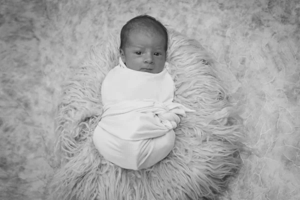 Bebê recém-nascido envolto em um cobertor dormindo em uma cesta — Fotografia de Stock
