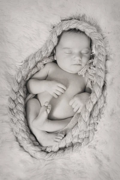 Bebé recién nacido desnudo duerme acurrucado en una bola en una cuerda trenzada — Foto de Stock