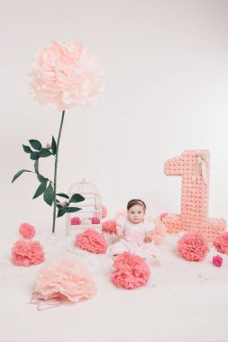 Doğum günü kutlaması: kız numaraları 1, yapay çiçekler ve kuş kafesi arasında yerde oturan