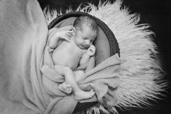Bebé recién nacido desnudo durmiendo acurrucado en una pelota — Foto de Stock