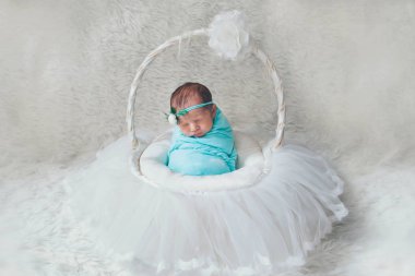 Yeni doğan bebek bir sepet içinde uyuyan bir battaniyeye sarılmış