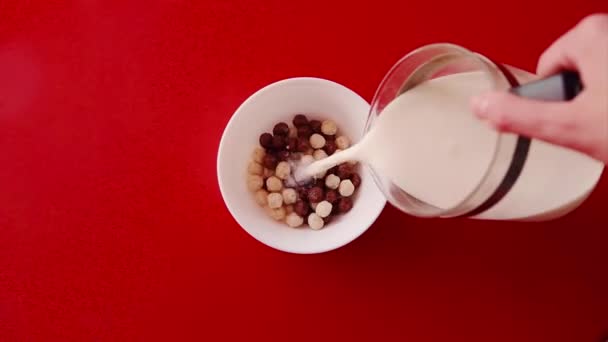 Izolované Červeném Pozadí Čokoládové Koule Nalije Bílého Poháru Mléko Nalije — Stock video