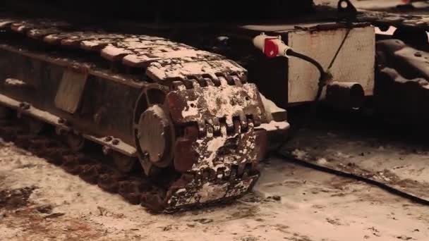 Caterpillar Kraan Rijdetails Close Zware Industriële Machines Het Werk Winter — Stockvideo