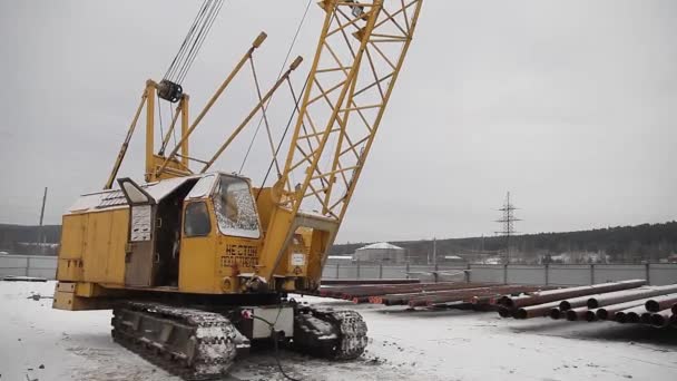Concept Industrie Lourde Machines Construction Grue Sur Chenilles Détails Conduite — Video