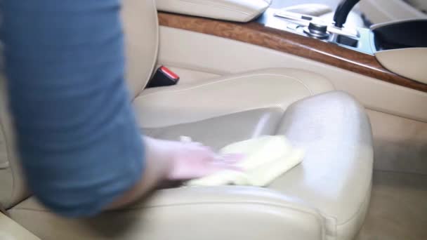 Dirty Car Interior Cleaning The White Leather Seat Of The Machine With A Special Cleaner White Foam From The Cylinder Wiping With A Cloth