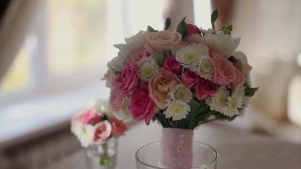 Concept Wedding Ceremony Floristry Two Flower Bouquets Roses Bride Close — Stock Video