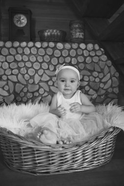 beyaz bir yakacak odun üzerinde bir sepet içinde oturan bir elbise kız. tatil, eğlence, ev konforu kavramı