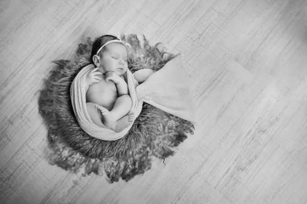 신생아는 바구니에 자고 담요에 싸여. 어린 시절, 의료, Ivf의 개념. 흑백 사진 — 스톡 사진