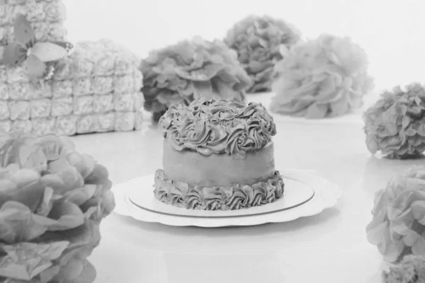 Торт на белом фоне крупным планом. Кондитерские изделия украшены розами. Концепция выпечки рекламы, калорий, продуктов питания, диеты — стоковое фото