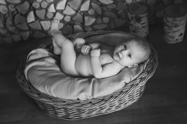 Yeni doğmuş bebek bir sepet içinde uyuyan bir battaniye sarılmış. çocukluk kavramı, sağlık, Ivf. Siyah beyaz fotoğraf