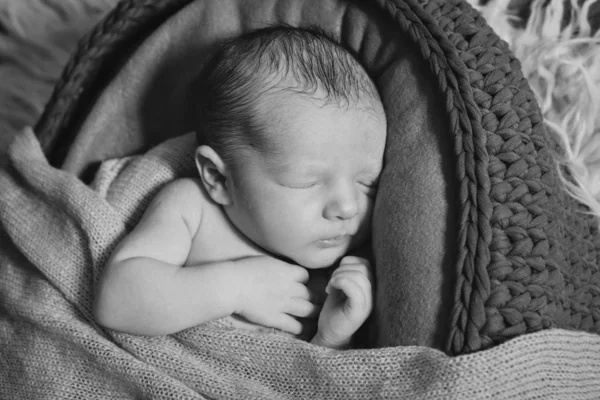 Bebé recién nacido envuelto en una manta durmiendo en una canasta. concepto de infancia, salud, FIV. Foto en blanco y negro — Foto de Stock