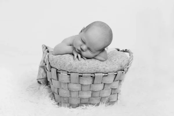 Bebé recién nacido envuelto en una manta durmiendo en una canasta. concepto de infancia, salud, FIV. Foto en blanco y negro — Foto de Stock