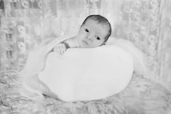 Newborn baby wrapped in a blanket sleeping in a basket. concept of childhood, healthcare, IVF. Black and white photo — Stock Photo, Image