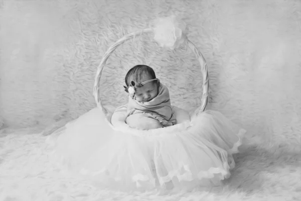 Newborn baby wrapped in a blanket sleeping in a basket. concept of childhood, healthcare, IVF. Black and white photo — Stock Photo, Image