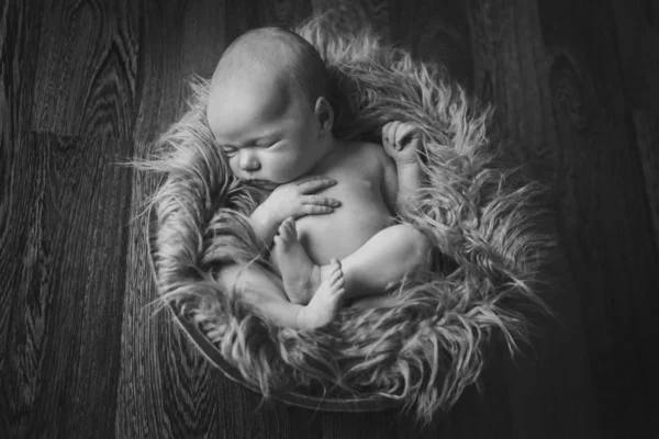 Newborn baby wrapped in a blanket sleeping in a basket. concept of childhood, healthcare, IVF. Black and white photo — Stock Photo, Image