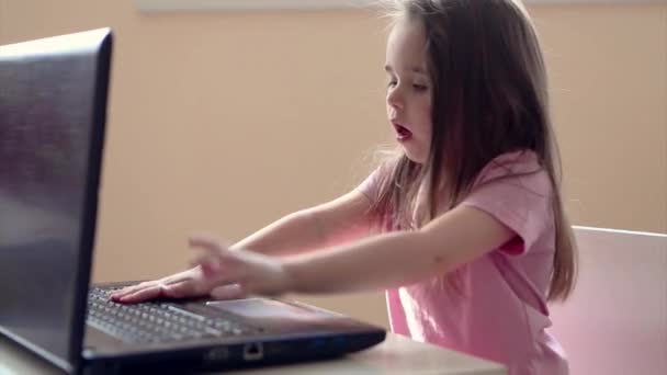 Small Child Plays Computer Child Prodigy Learns Techniques Business Planning — Stock Video