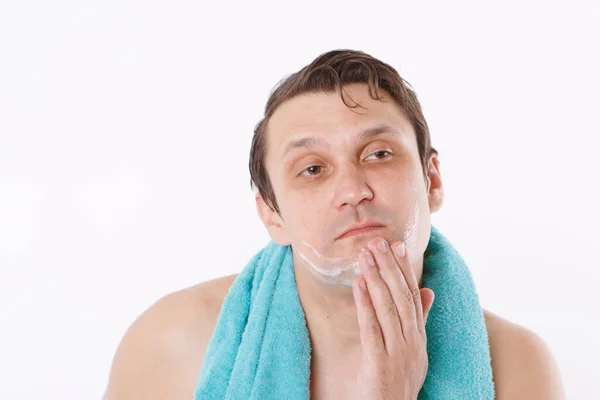 Man Puts Aftershave His Face Guy Strokes His Face Morning — Stock Photo, Image