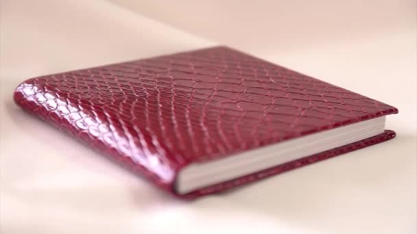 日記の本の白の背景にクローズアップ ワニの皮で作られた赤いカバー 最高の贈り物 写真アルバム — ストック動画