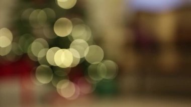 Noel ağacının üzerindeki ışıklarda. Yılbaşı hediyesi, kanepe, oyuncaklar.