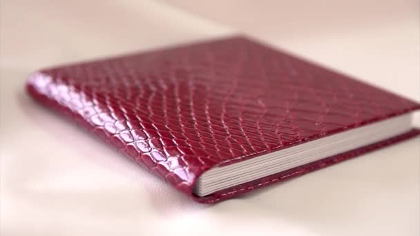 日記の本の白の背景にクローズアップ ワニの皮で作られた赤いカバー 最高の贈り物 写真アルバム — ストック動画