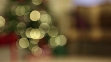 Noel ağacının üzerindeki ışıklarda. Yılbaşı hediyesi, kanepe, oyuncaklar.