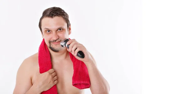 Isolated White Background Man Shaves His Stubble Guy Cleans His — Stock Photo, Image