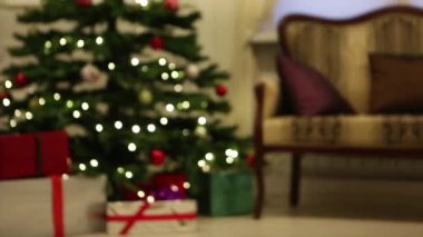 Noel ağacının üzerindeki ışıklarda. Yılbaşı hediyesi, kanepe, oyuncaklar.
