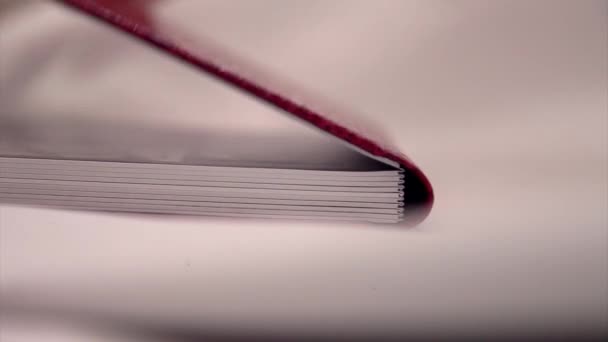 日記の本の白の背景にクローズアップ ワニの皮で作られた赤いカバー 最高の贈り物 写真アルバム ページをめくる — ストック動画