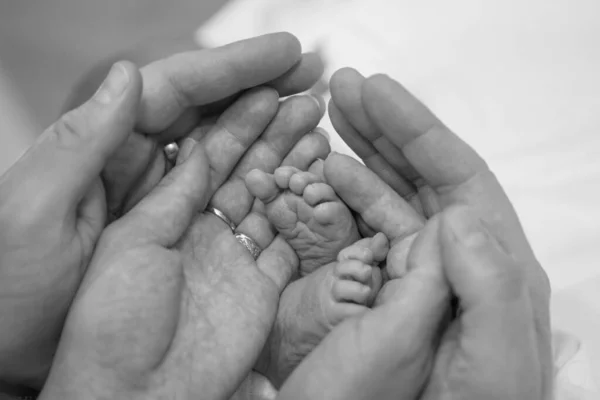 Nyfödda Barnets Fötter Mor Och Far Håller Nyfödda Ben Ben — Stockfoto