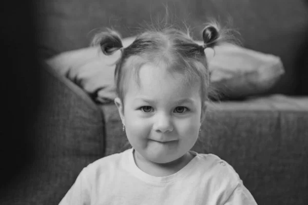 Retrato Una Niña Traviesa Con Dos Colas Caballo Concepto Infancia — Foto de Stock