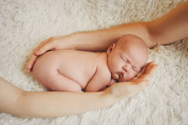 Nouveau Ne Nu Couche Sur Les Mains De Parents Sur Un Fond Blanc Imitation D Un Bebe Dans L Uterus Belle Petite Fille Qui Dort Allongee Sur Le Ventre Sante Berceau Stock