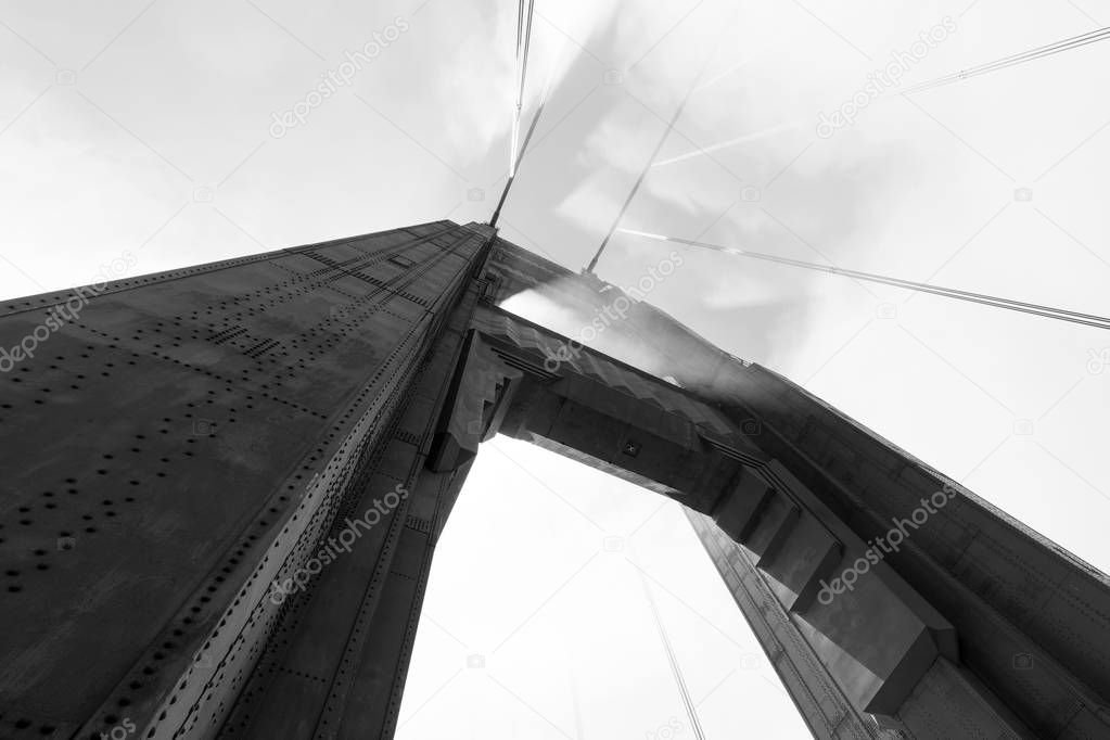 Tower of the Golden Gate Bridge in the fog, San Francisco, California, USA