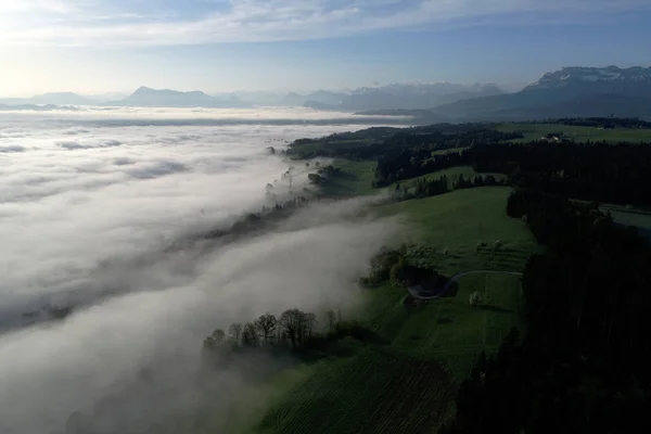 Aerial View Sea Fog Spring Morning Foothills Switzerland — Stock Photo, Image