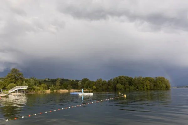 Bathhouse Sul Lago Sempach Sursee Una Mattinata Primaverile Coperta Svizzera — Foto Stock